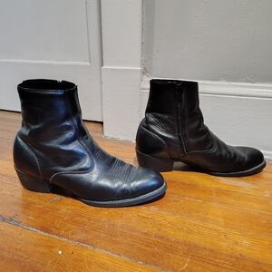 Black Leather Ankle Boots Mens 12 EW Cowboy Beatle Retro Heeled Vintage Style
